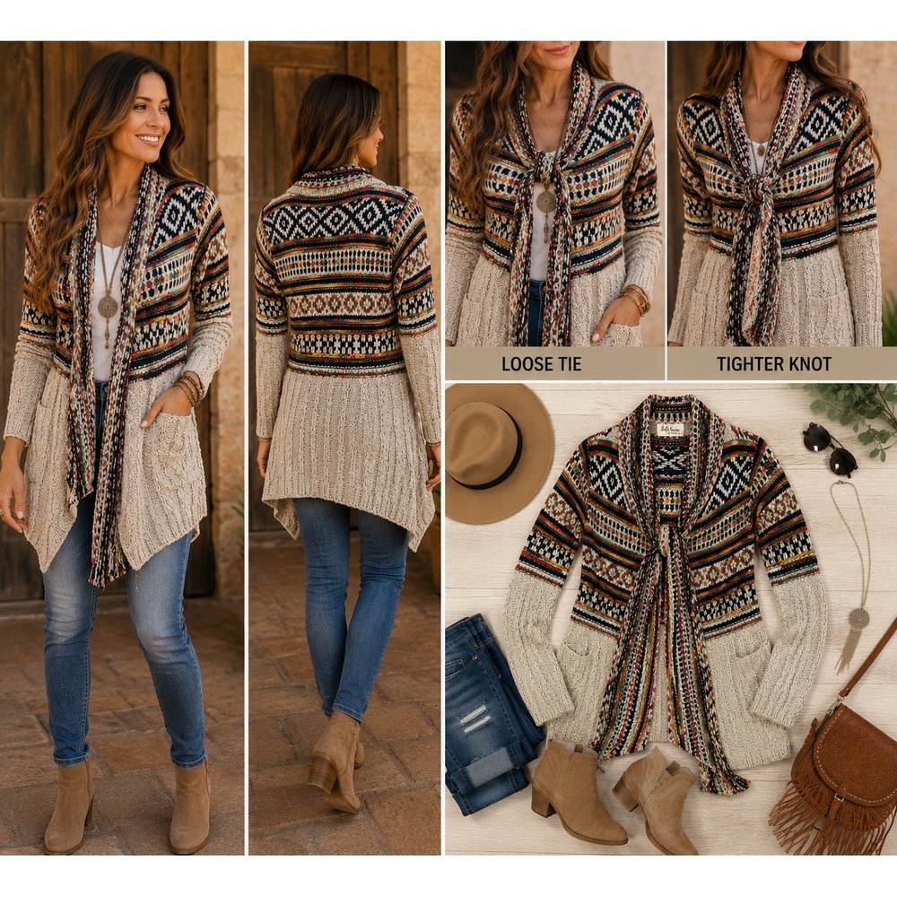 Selfie Couture by Trendology Boho Fair Isle Cable Knit Tie Front Cardigan‎ XS/S